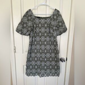 Talbots Olive Green Eyelet Embroidered Cotton Puff Sleeve Dress Size 12